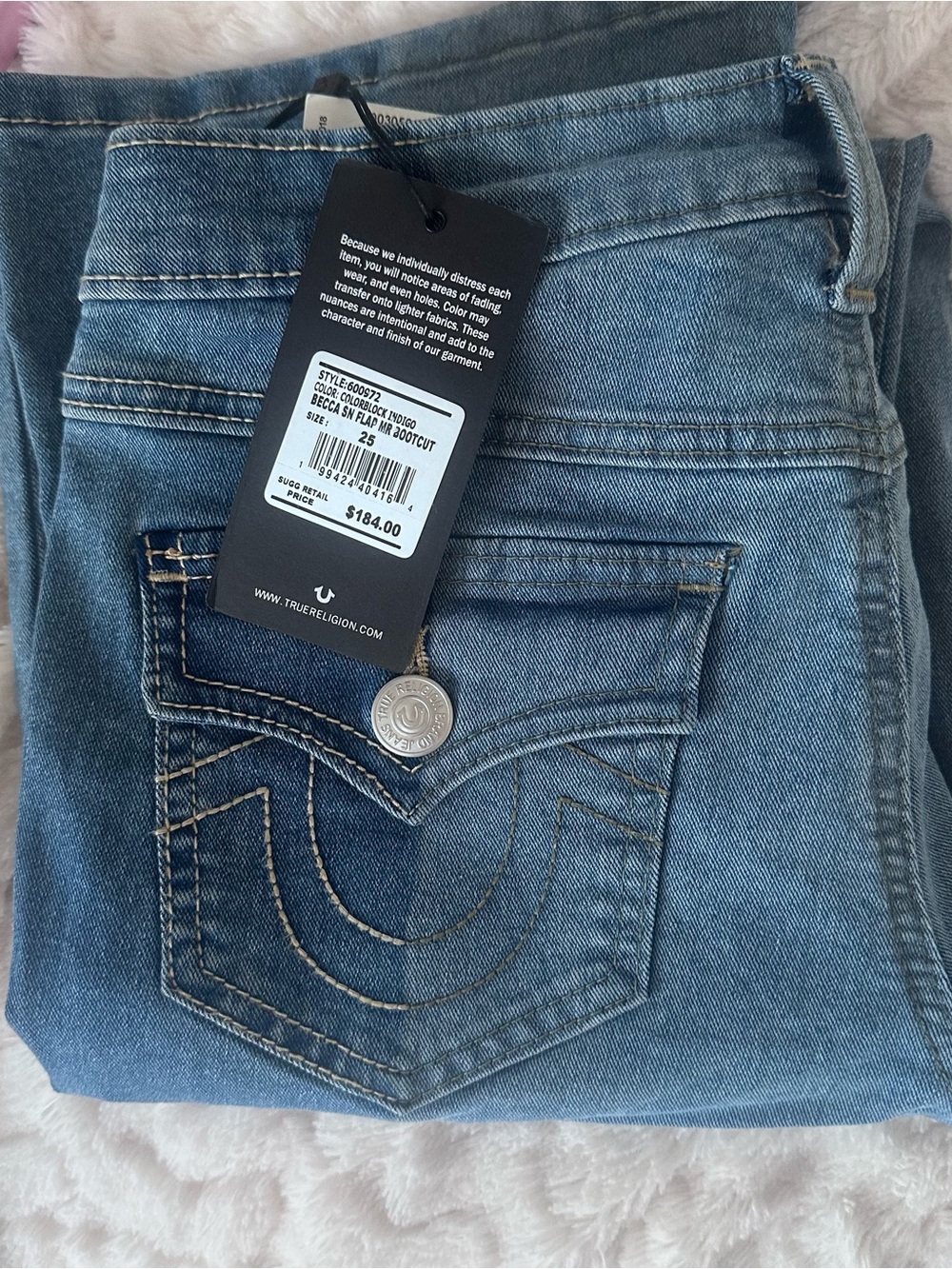 NWT True Religion Becca Mid-Rise Bootcut Jeans Colorblock Indigo -25 Flap Pocket